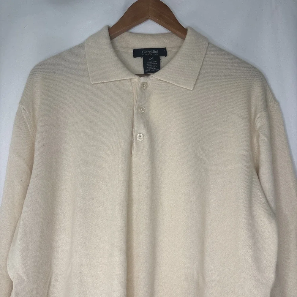 Giorgiolini Polo Sweater Men XL Ivory 100% Cashmere Italy  Quiet Luxury NWOT
